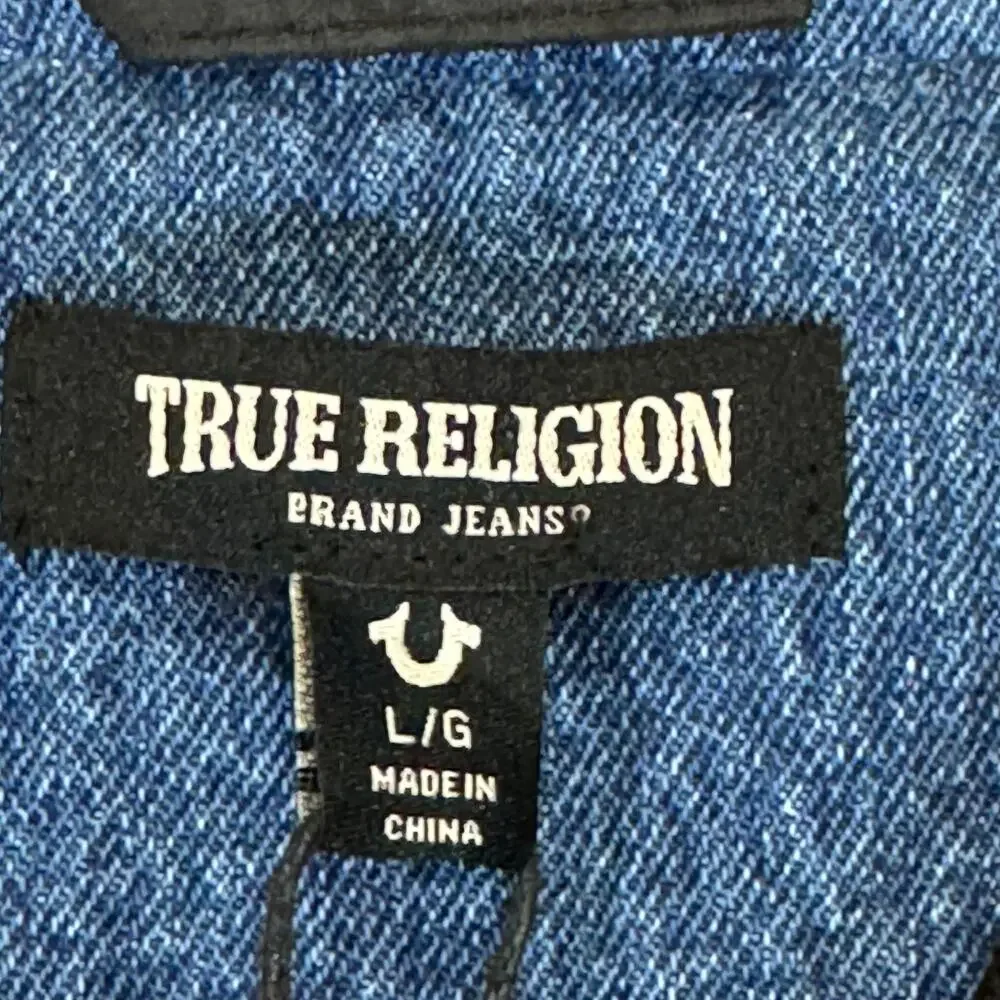 True Religion Mens Quad Buddha Denim Varsity Jacket Bomber Blue White L $239 NWT